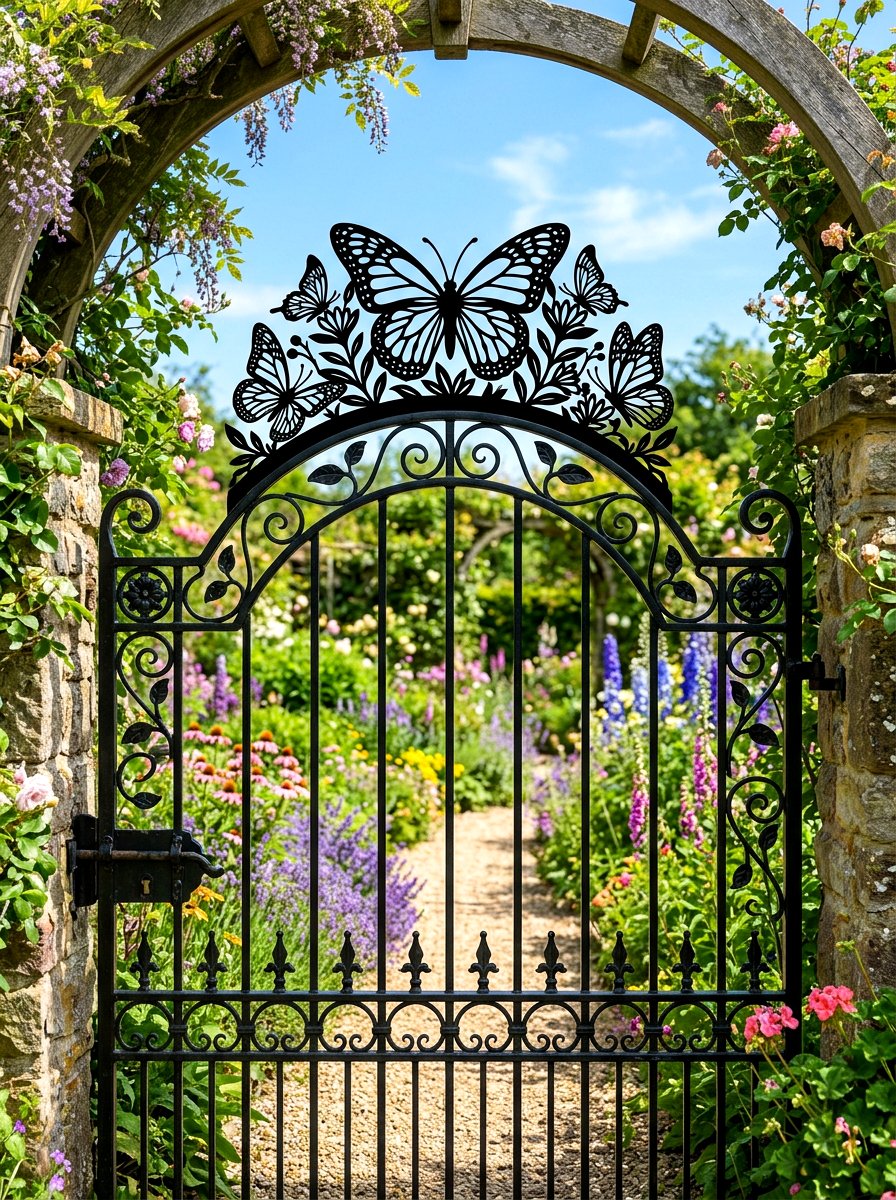 Butterfly garden gate topper - 25 Spring Garden Gate Decor Ideas