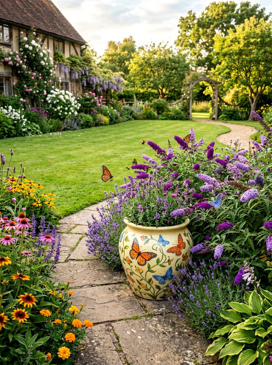 Butterfly motif garden pot - 25 Spring Pot Painting Ideas