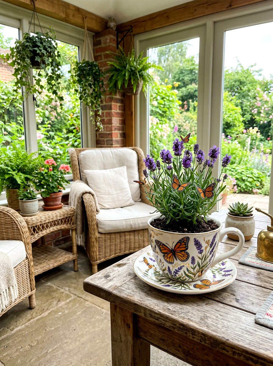 Butterfly motif teacup planter - 25 Spring Teacup Planter Ideas