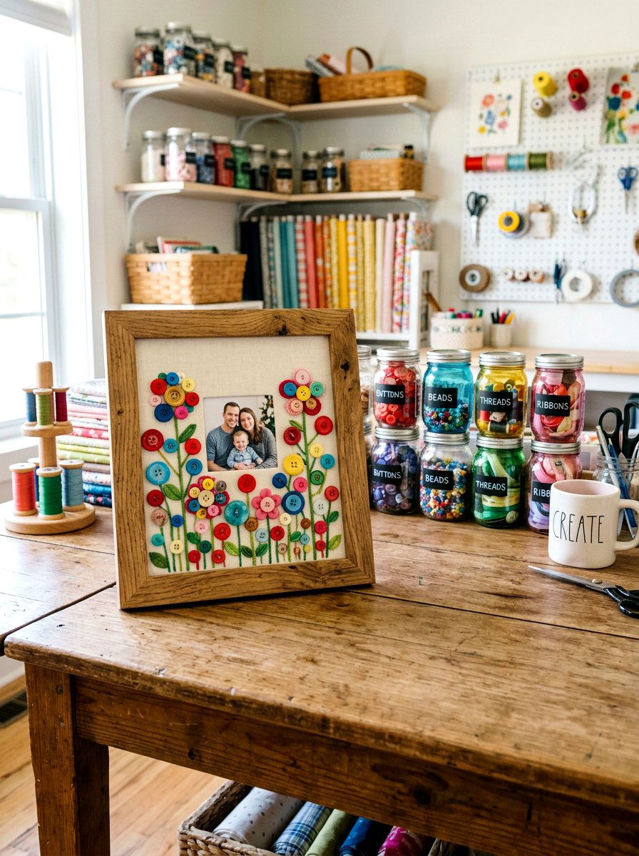 Button Flower Picture Frame - 25 Spring Picture Frame Craft Ideas