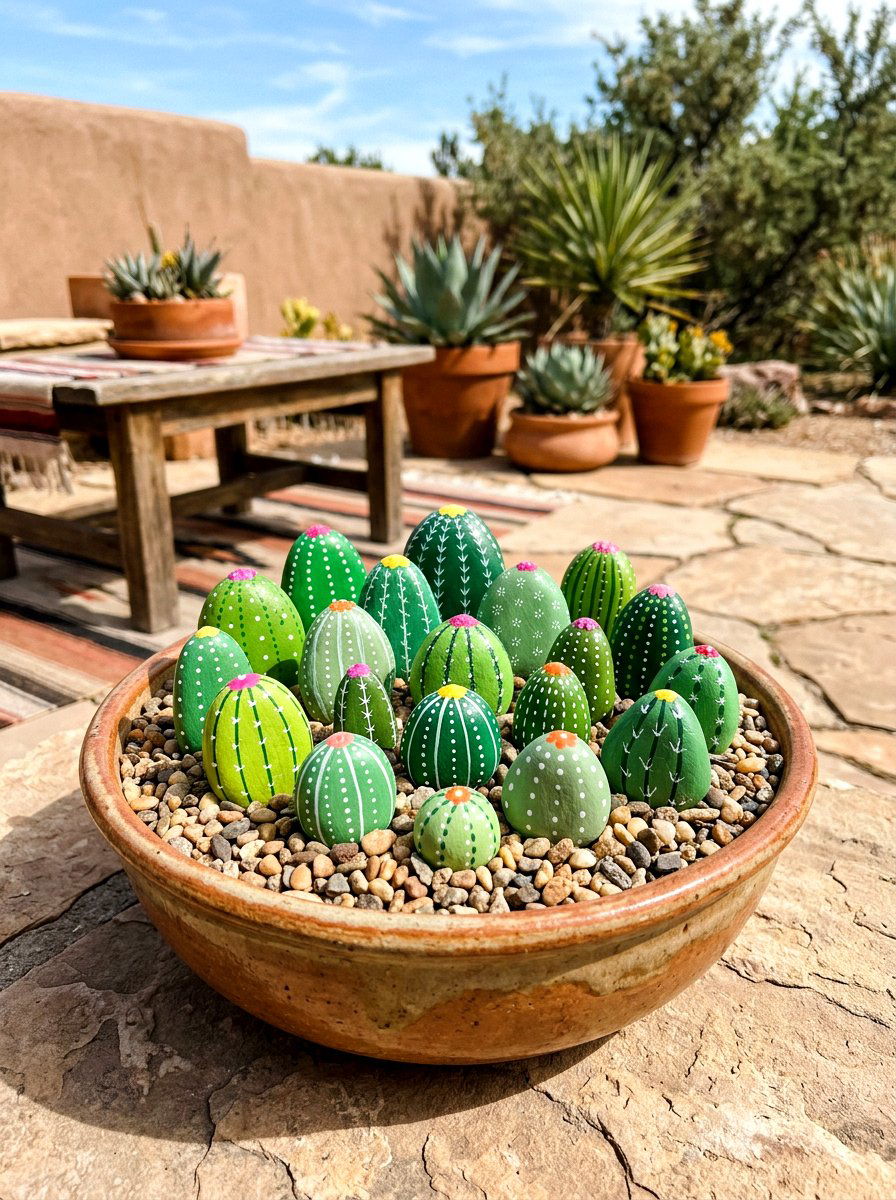 Cactus Painted Stone - 25 Spring Painted Rock Ideas for Garden