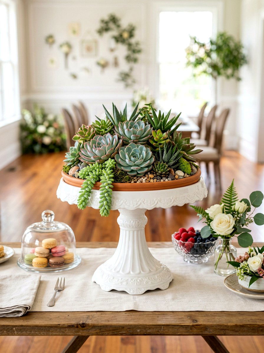 Cake Stand Succulent Display - 25 Spring Succulent Centerpiece Ideas