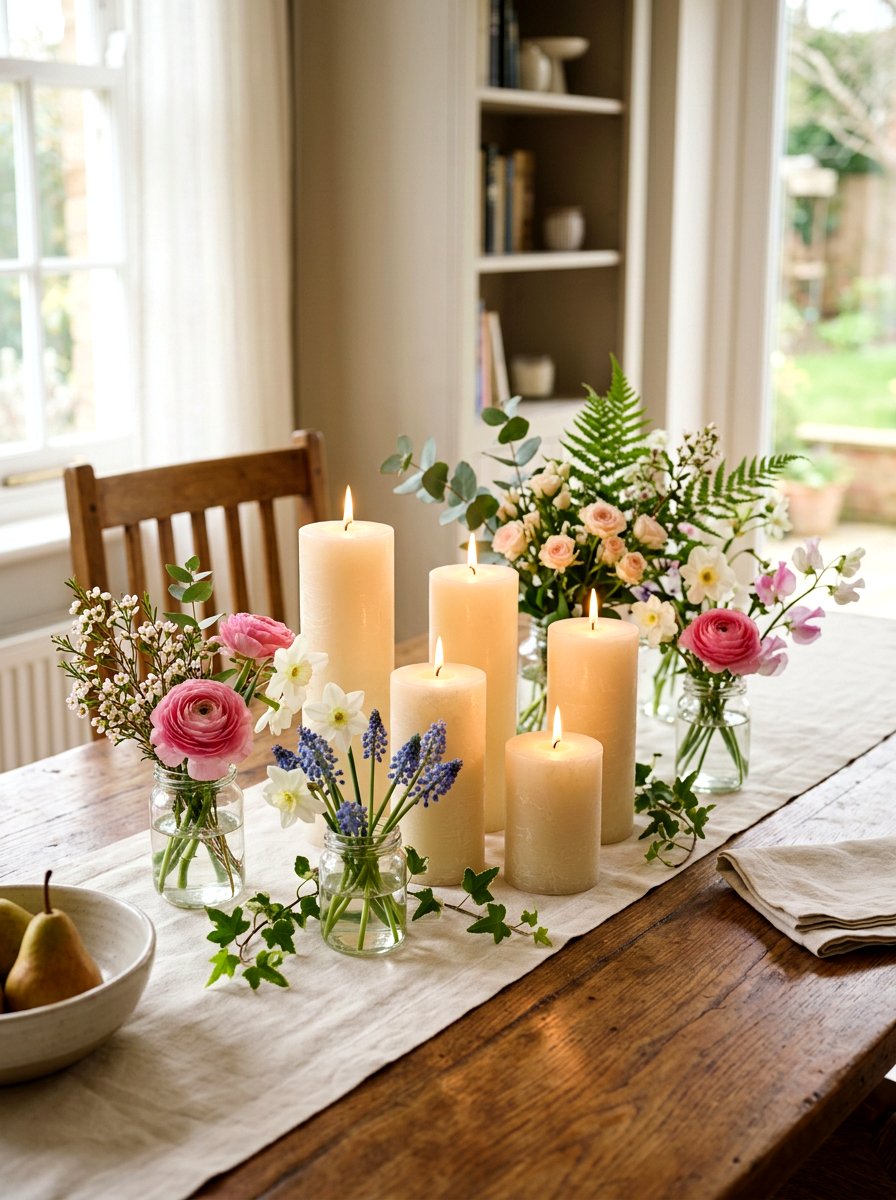 Candle And Floral Spring Arrangement - 25 Spring Sofa Table Decor Ideas