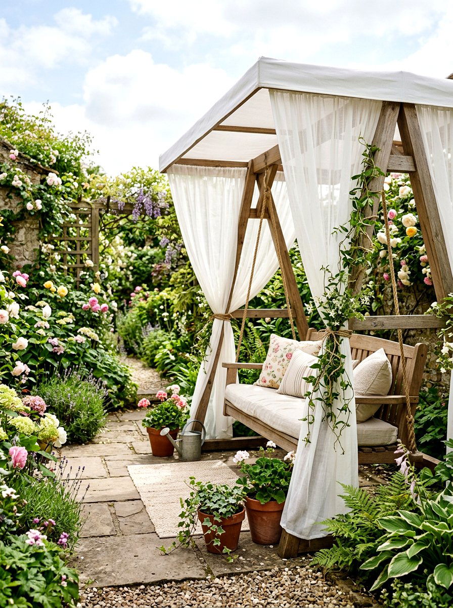 Canopy Garden Swing Sheer Curtains - 25 Spring Garden Swing Decor Ideas
