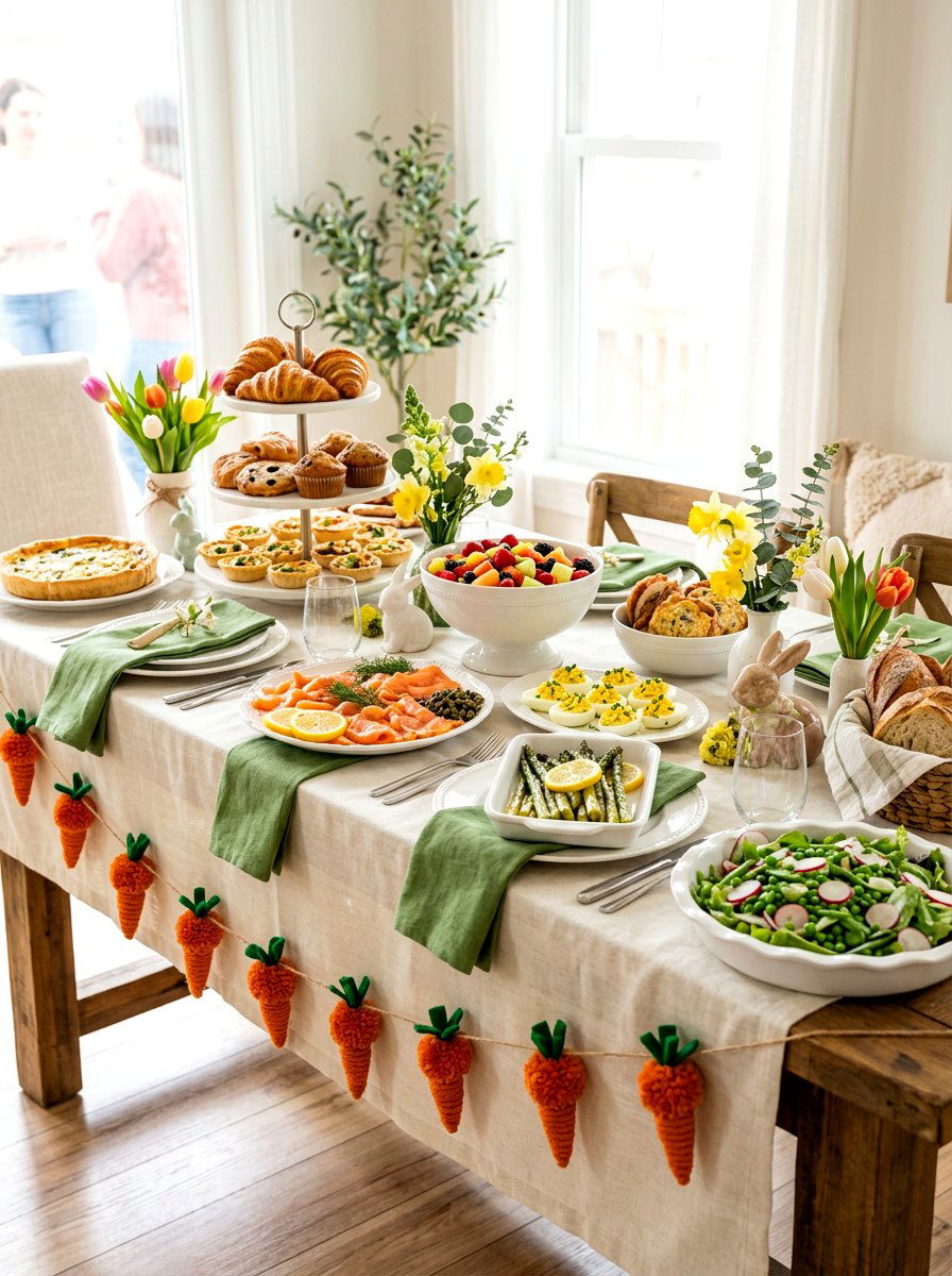 Carrot Pom Pom Garland Buffet Table - 25 Spring Pom Pom Garland Ideas