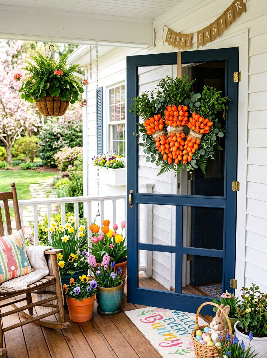 Carrot wreath for Easter - 25 Spring Screen Door Decor Ideas