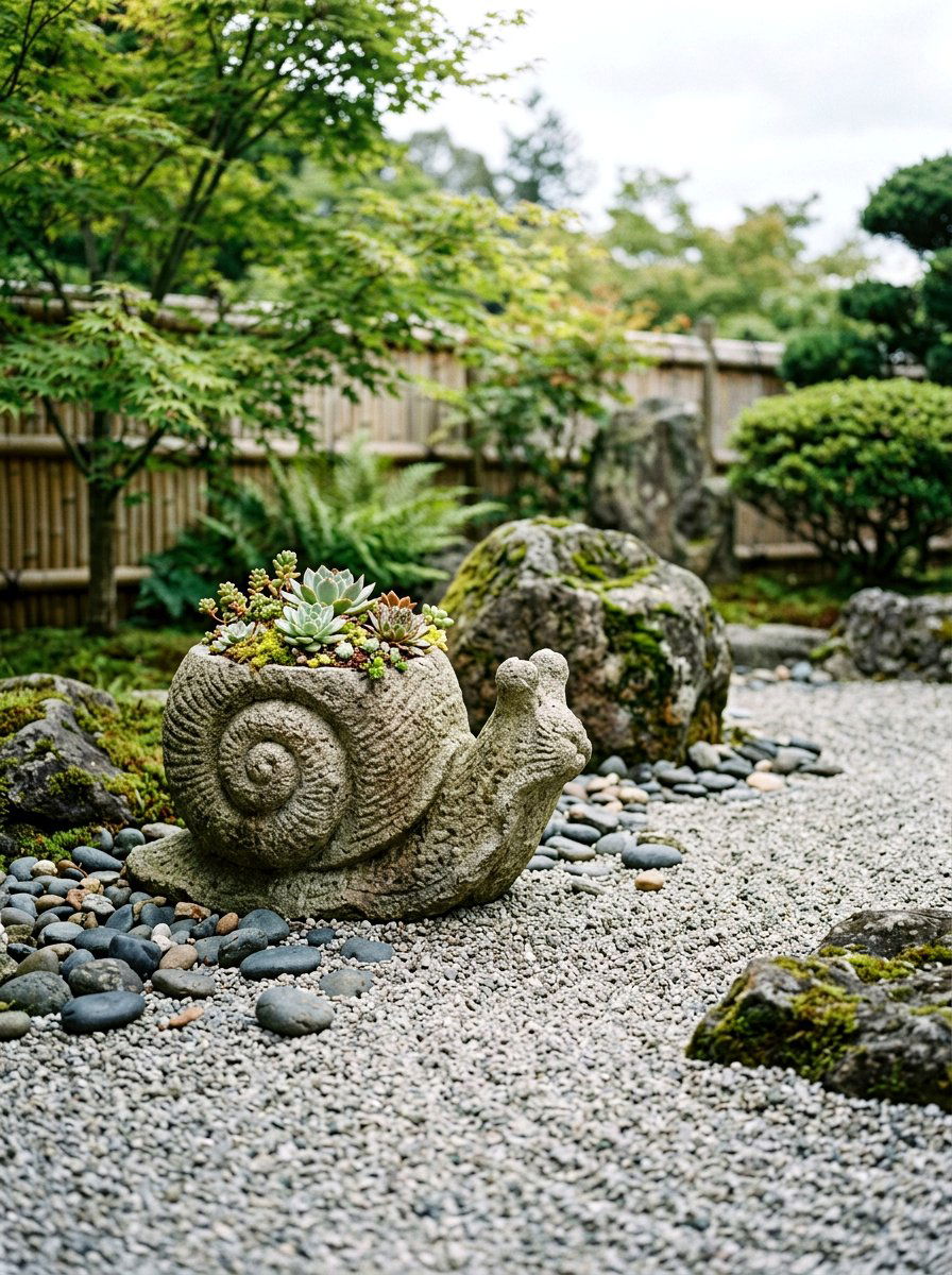 Carved Stone Snail - 25 Spring Snail Planter Ideas