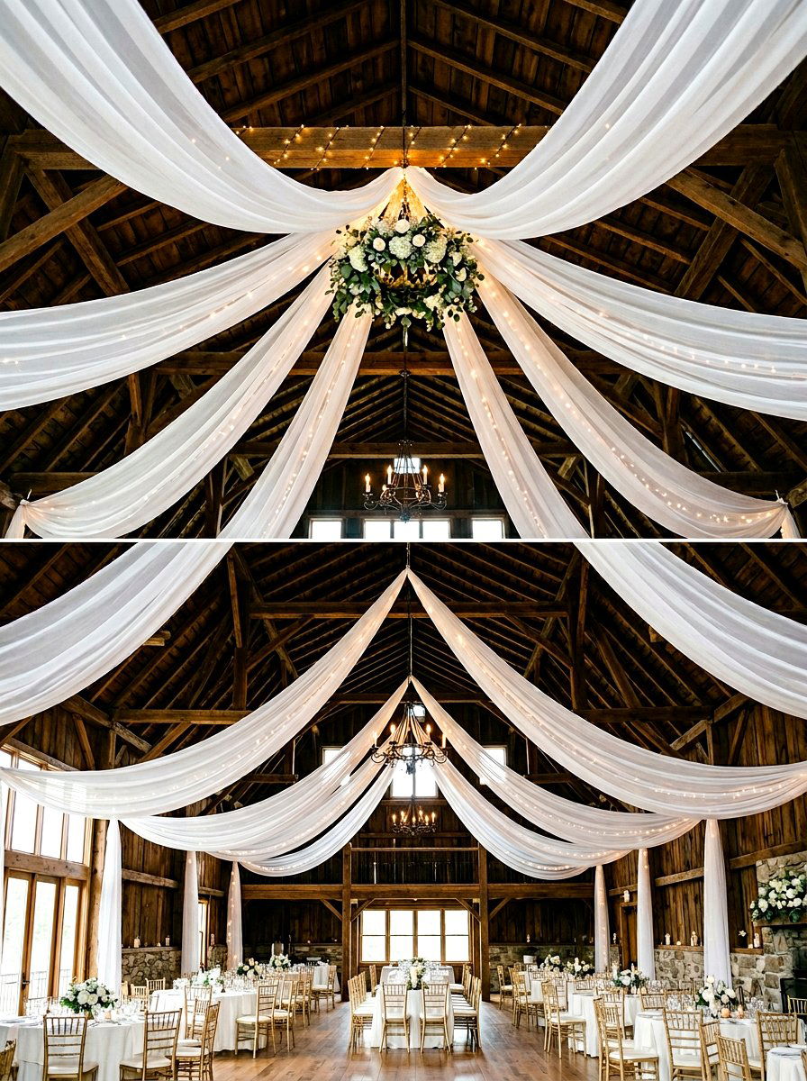 Ceiling Drape Fabric - 25 Spring Barn Wedding Decor Ideas
