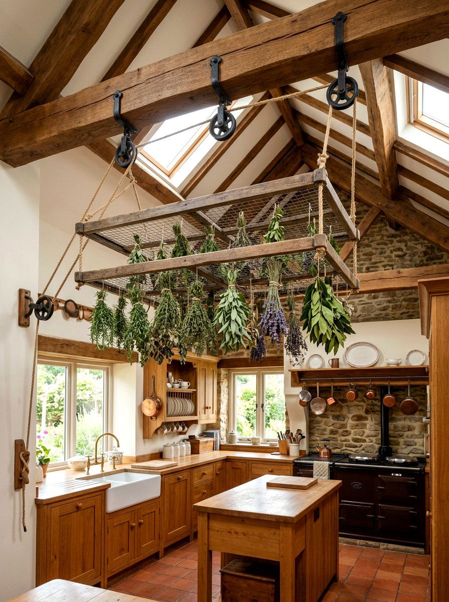 Ceiling Mounted Herb Pulley - 25 Spring Herb Drying Rack Ideas