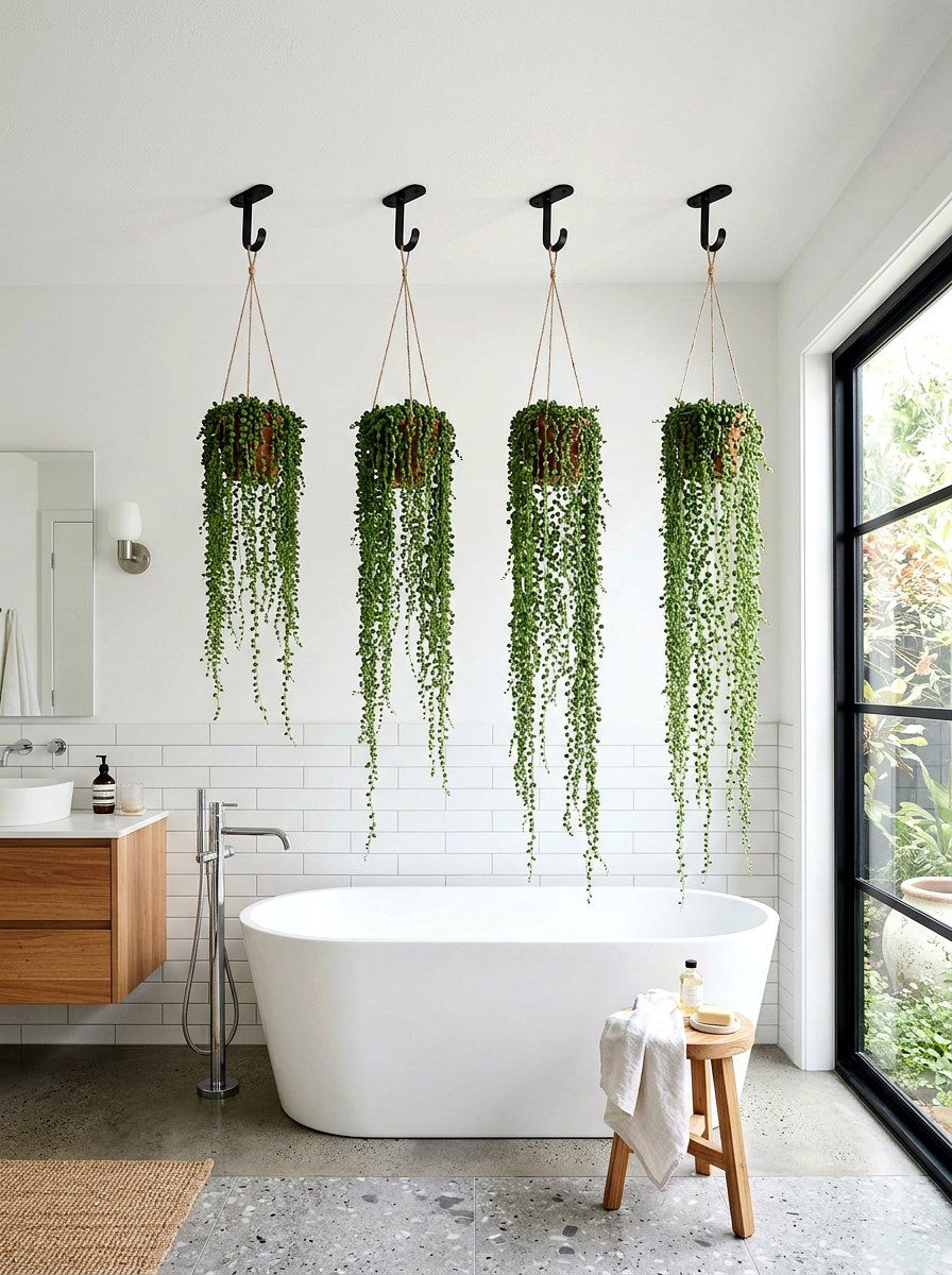 Ceiling hook trailing plants - 25 Spring Bathroom Plant Display Ideas