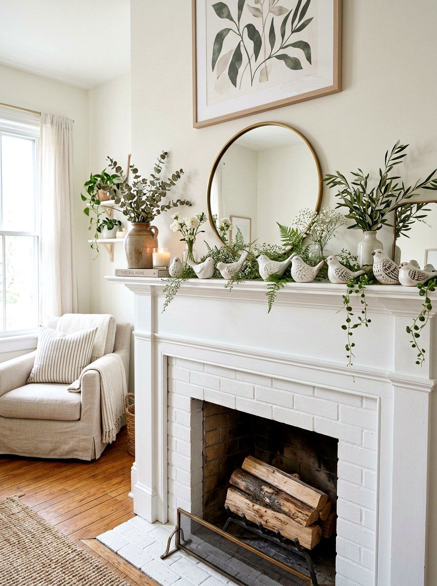 Ceramic Bird Mantel Figurines - 25 Spring Mantel Vignette Ideas
