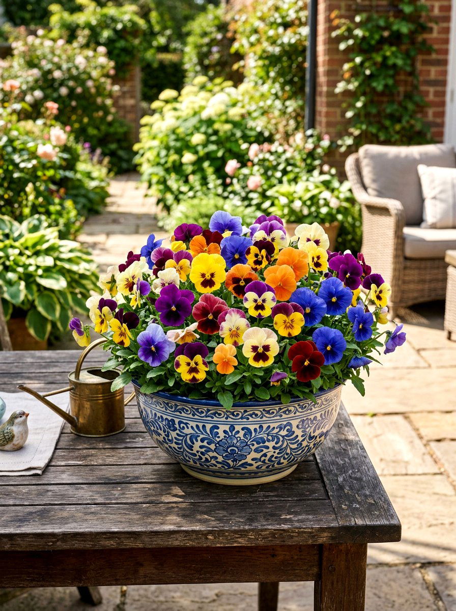 Ceramic Bowl Pansy Display - 25 Spring Pansy Planter Ideas