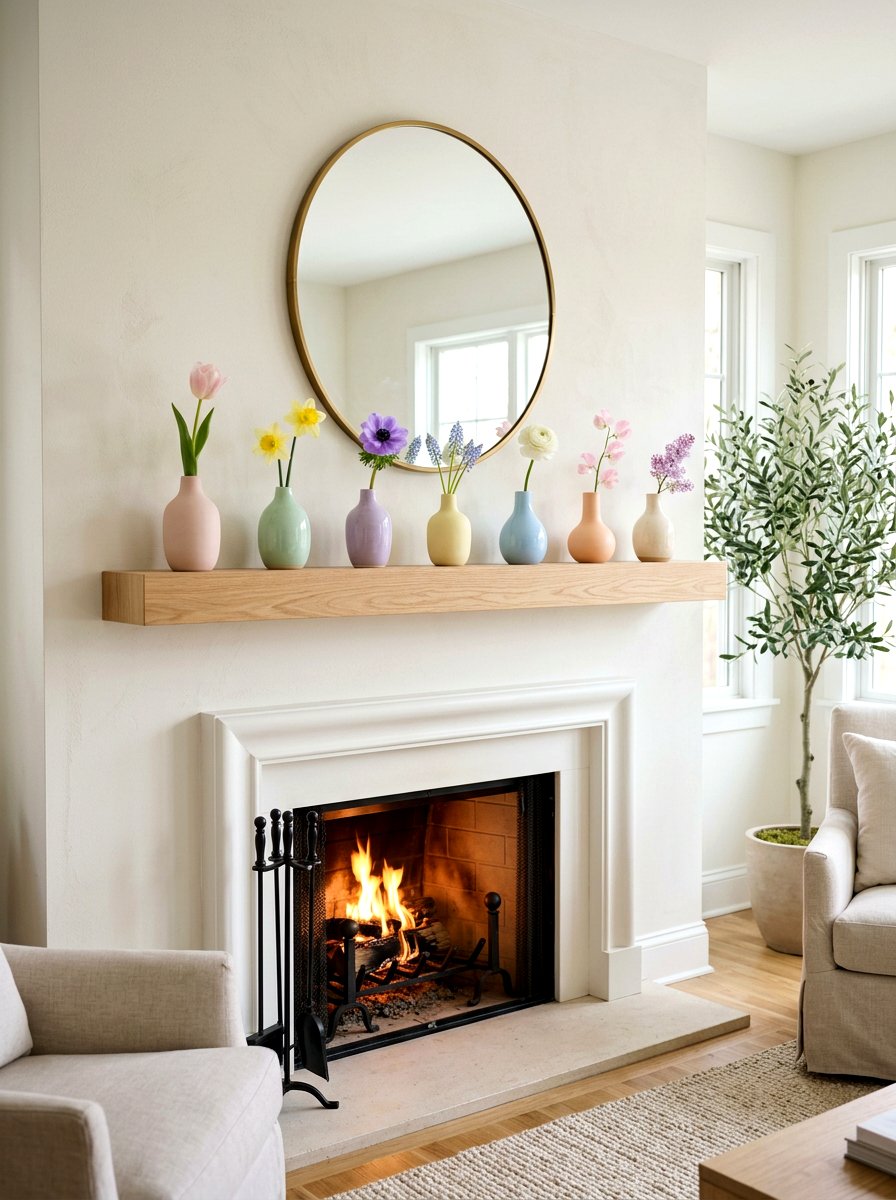 Ceramic Bud Vases - 25 Spring Living Room Mantel Ideas