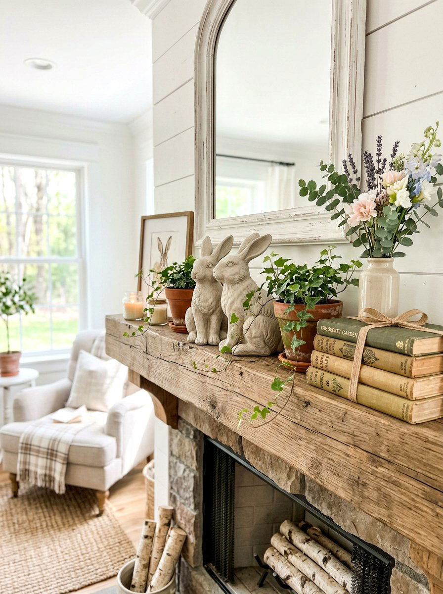 Ceramic Bunny Rustic Display - 25 Spring Rustic Mantel Ideas