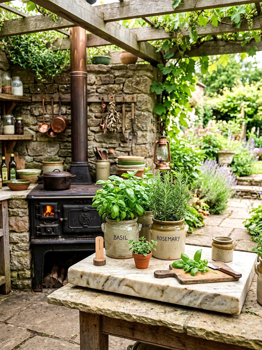 Ceramic Herb Crock Arrangement - 25 Spring Stove Decor Ideas