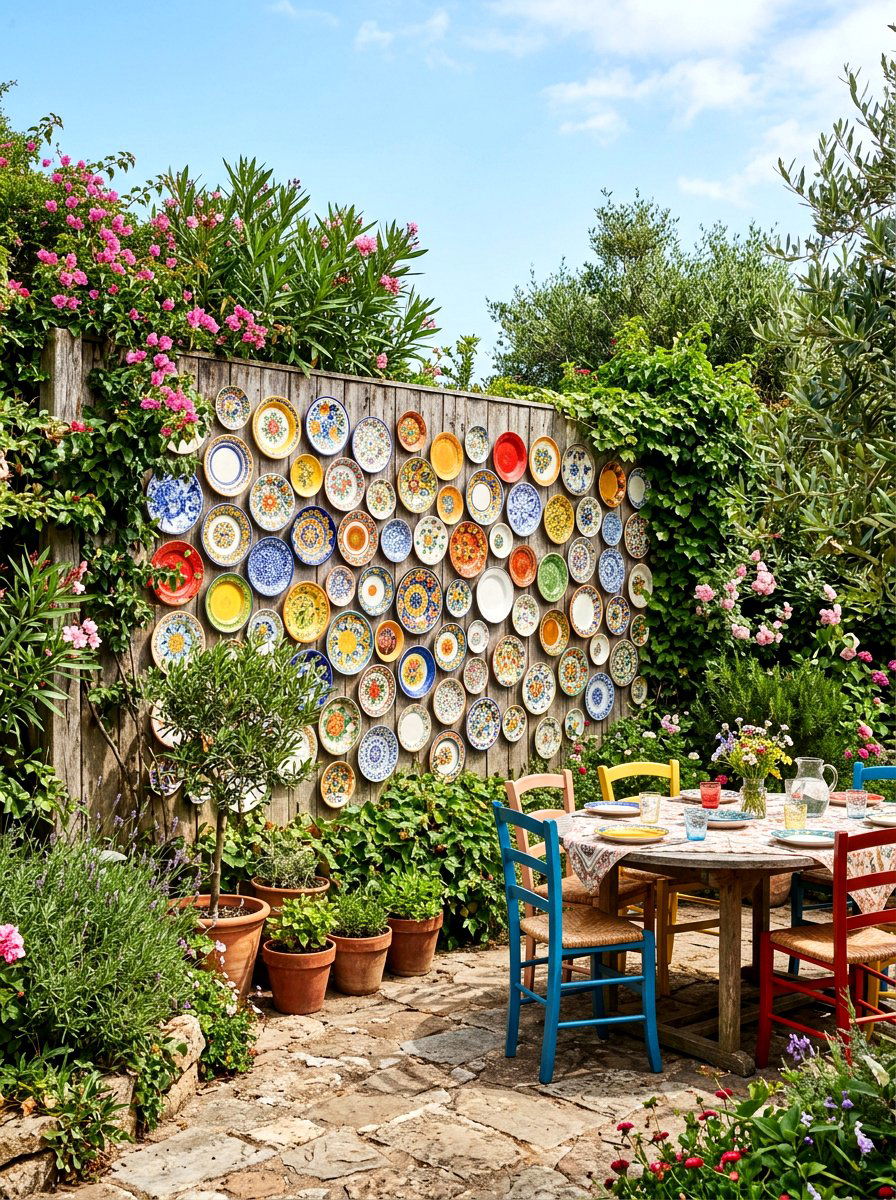 Ceramic Plate Wall - 25 Spring Fence Decor Ideas