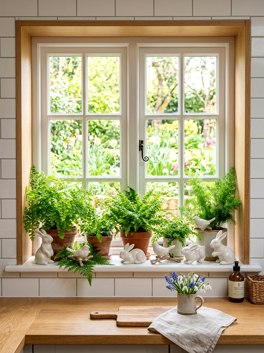 Ceramic animal windowsill figurines - 25 Spring Kitchen Window Decor Ideas