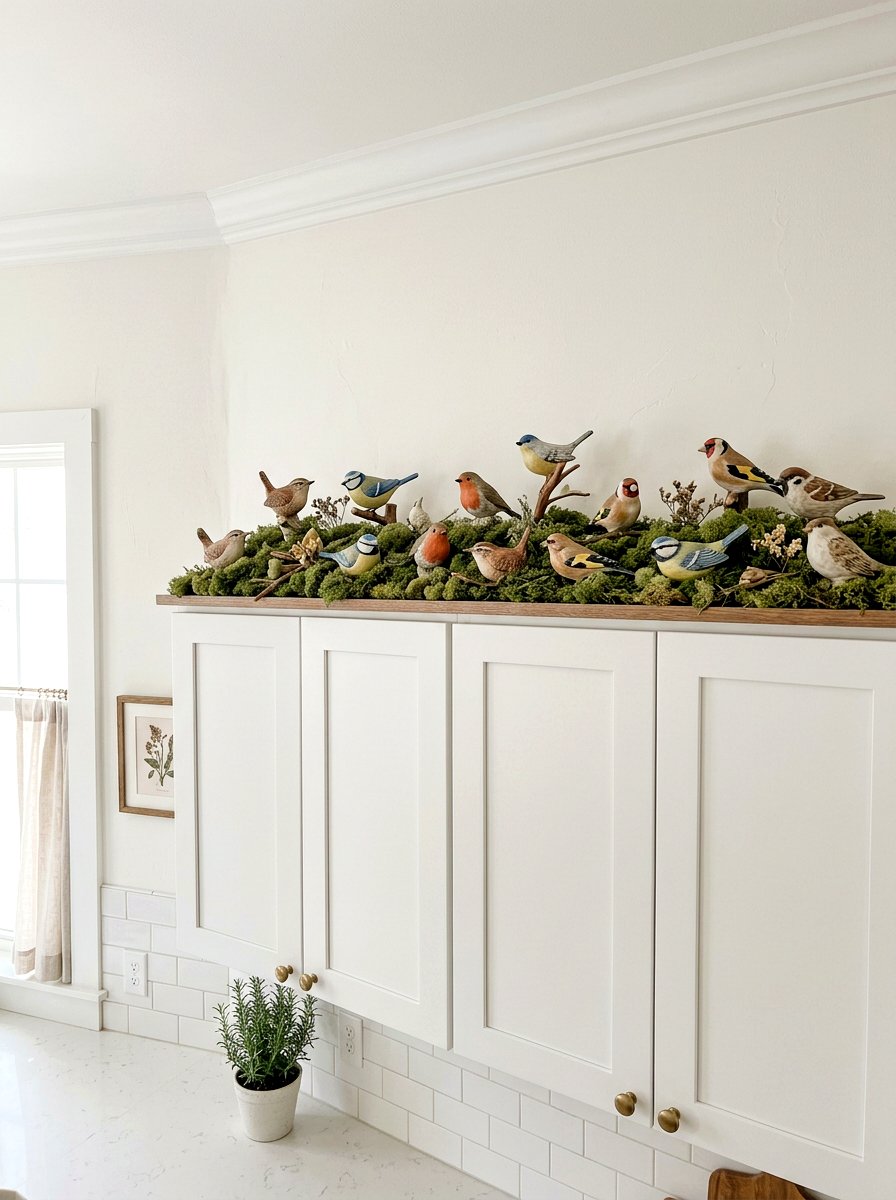 Ceramic bird collection - 25 Spring Above Cabinet Decor Ideas