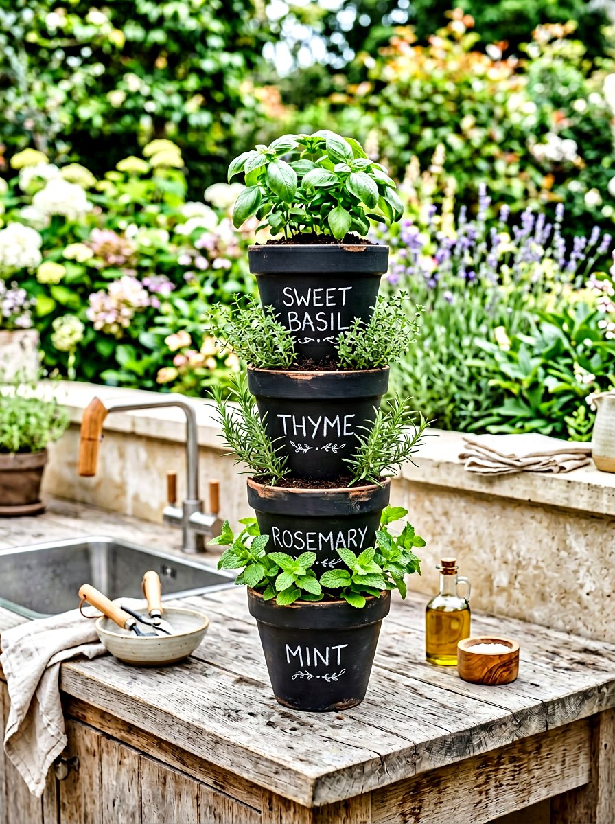 Chalkboard Painted Herb Stack - 25 Spring Clay Pot Stack Ideas