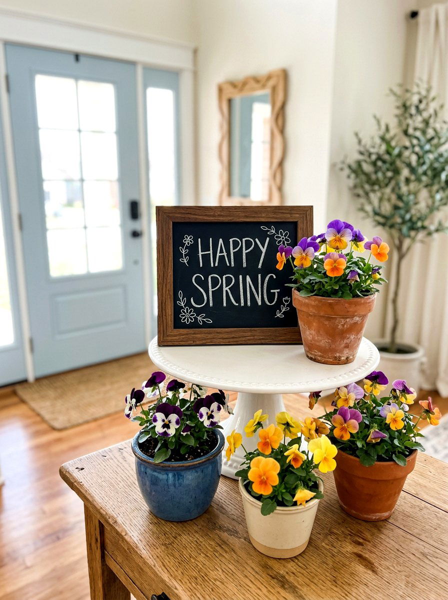 Chalkboard Sign And Pansies - 25 Spring Cake Stand Decor Ideas