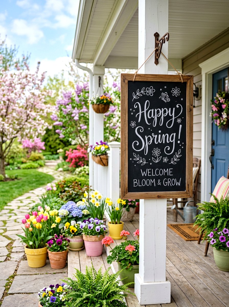 Chalkboard Sign Board Porch Post - 25 Spring Porch Post Decor Ideas
