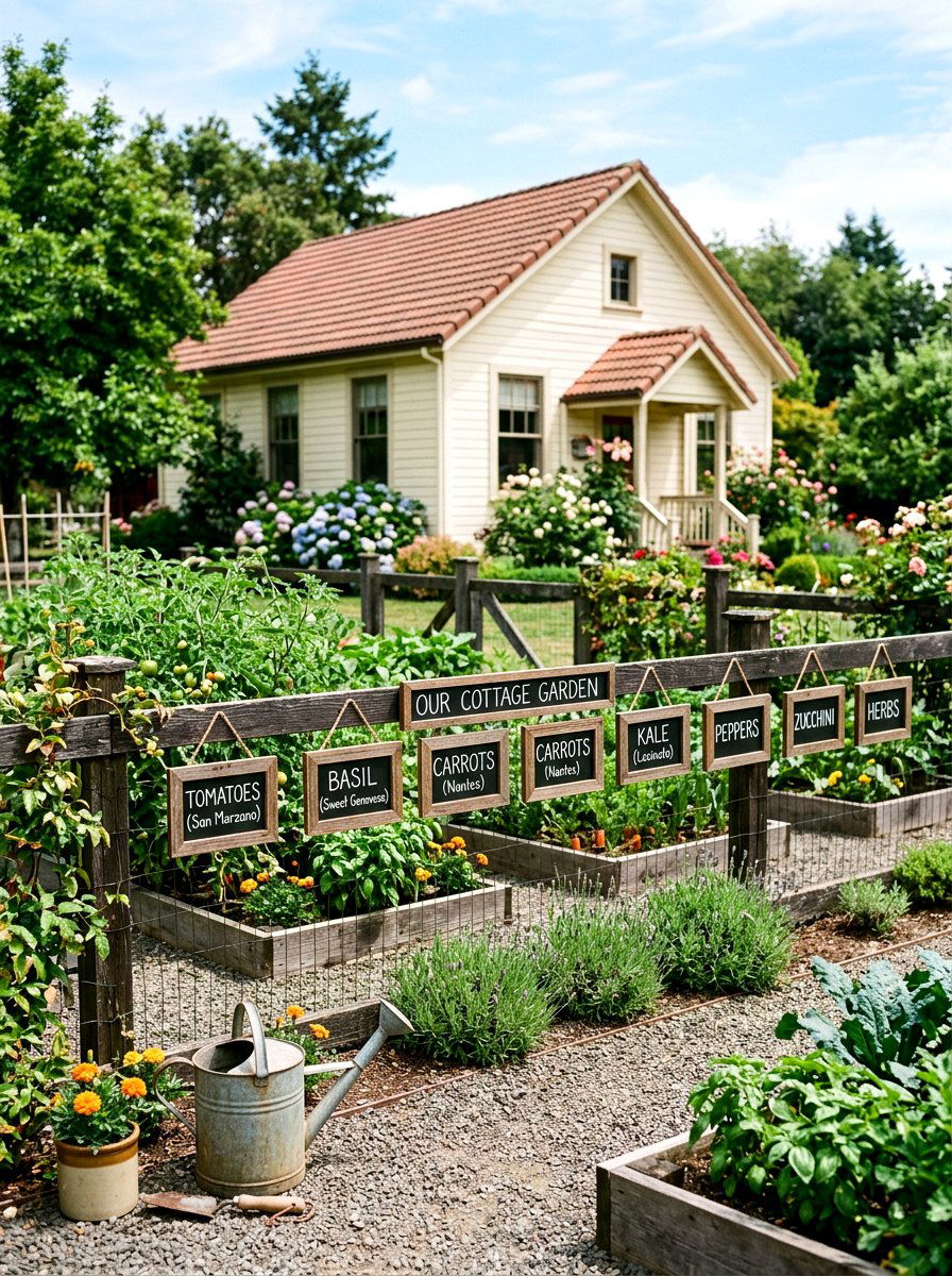 Chalkboard garden signs - 25 Spring Cottage Fence Decor Ideas
