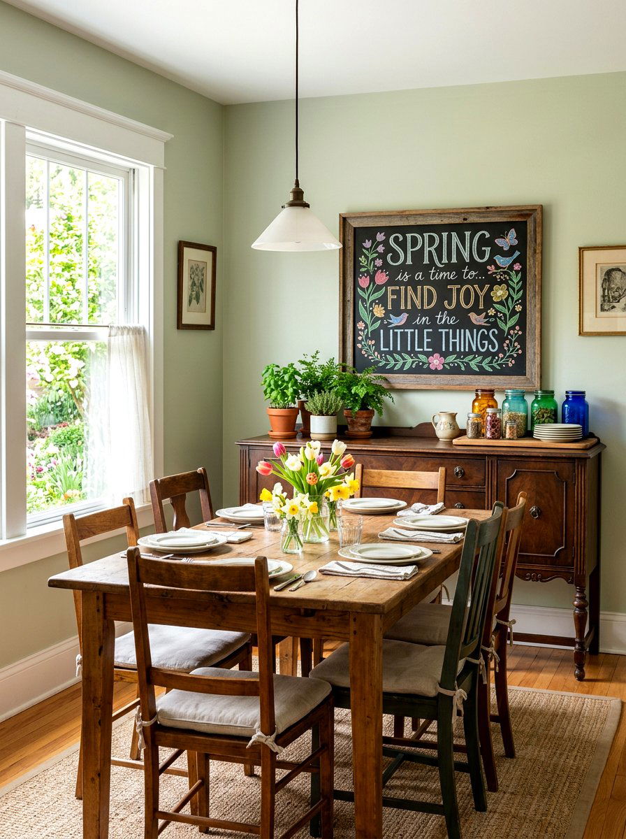 Chalkboard sign with spring quote - 25 Spring Dining Room Buffet Ideas