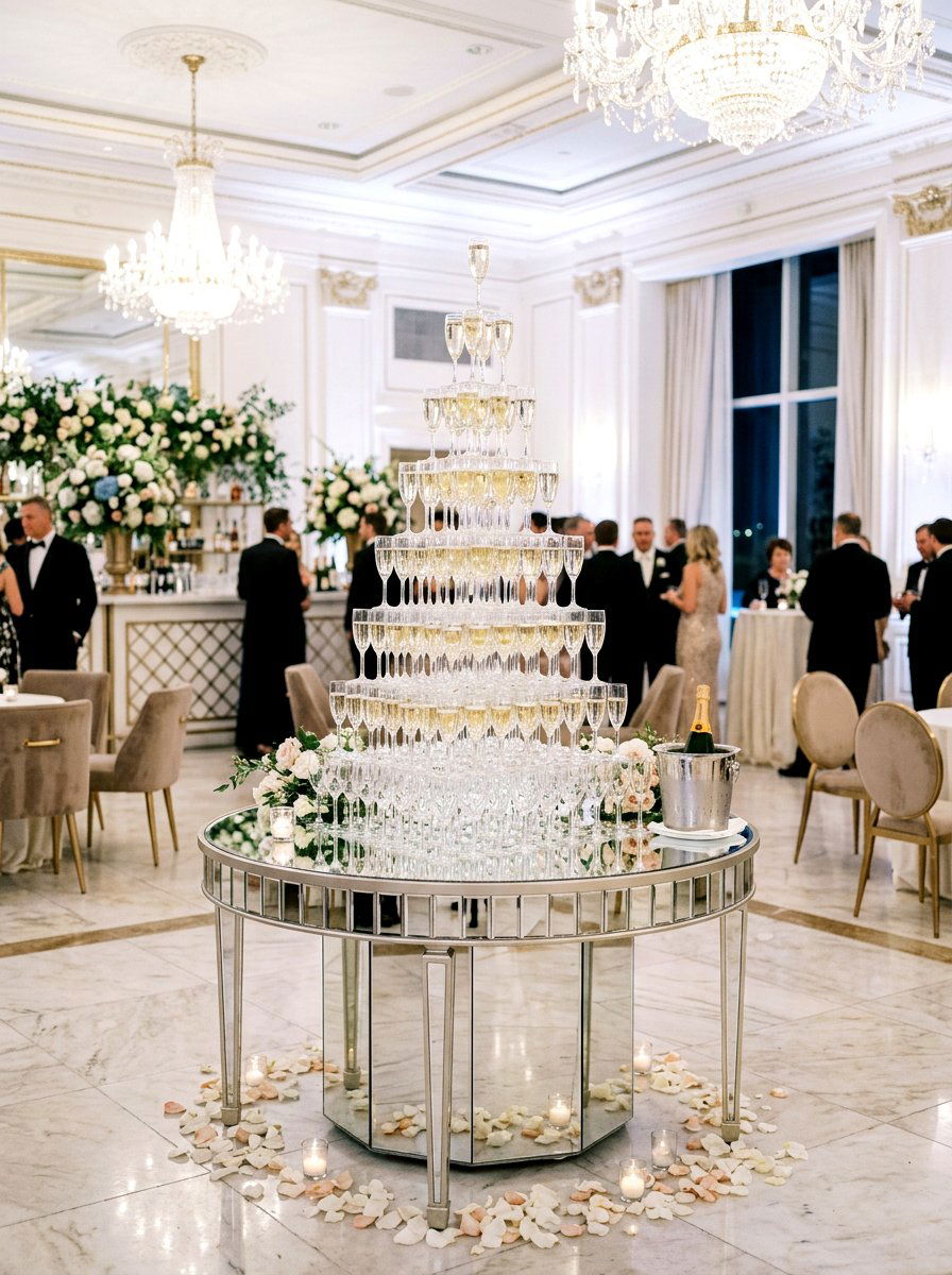 Champagne flute tower display - 25 Spring Bridesmaid Luncheon Ideas