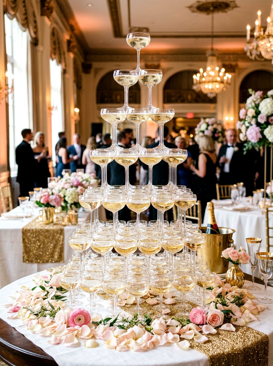 Champagne tower with flower petals - 25 Spring Rehearsal Dinner Decor Ideas