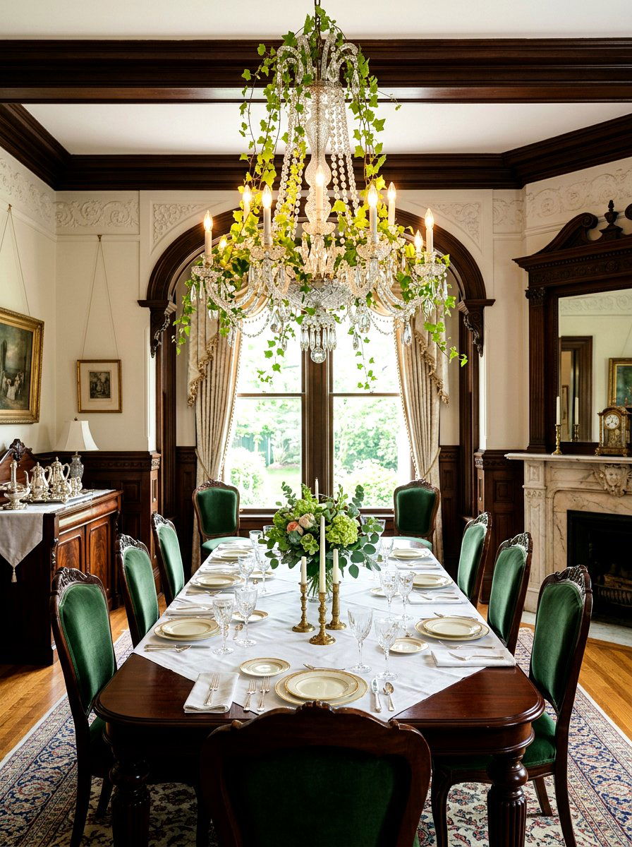 Chandelier with spring greenery - 25 Spring Victorian Decor Ideas