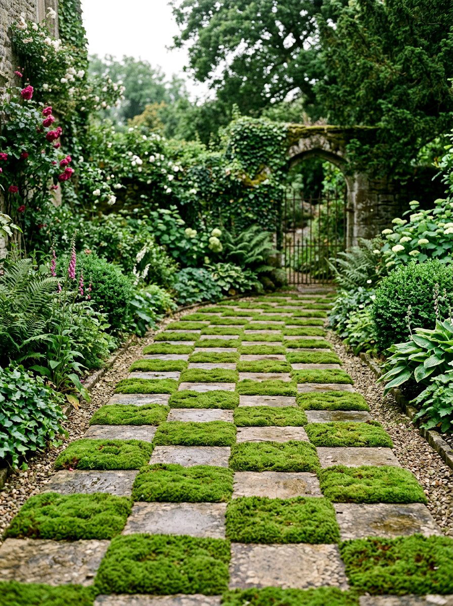 Checkerboard Paver Path Moss - 25 Spring Garden Pathway Decor Ideas