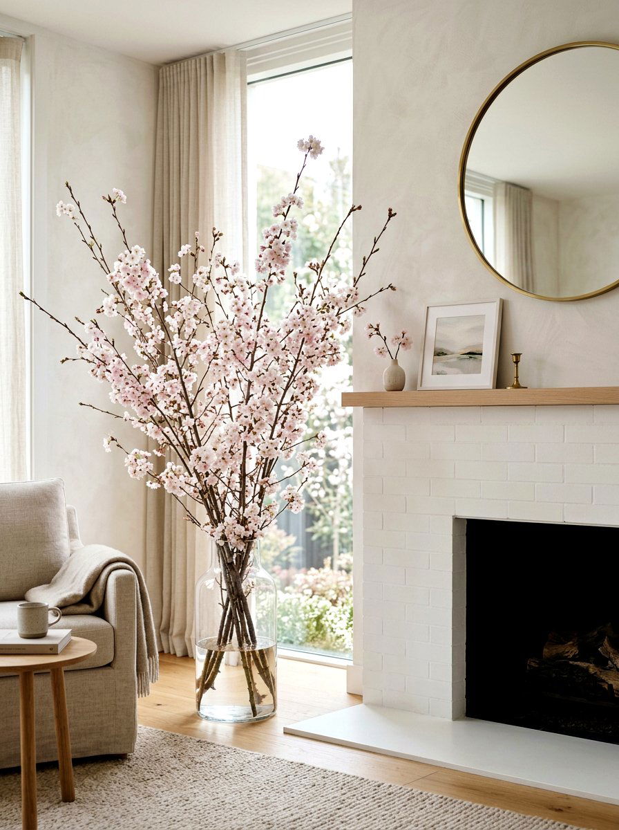 Cherry Blossom Branch Arrangement - 25 Spring Fireplace Decor Ideas