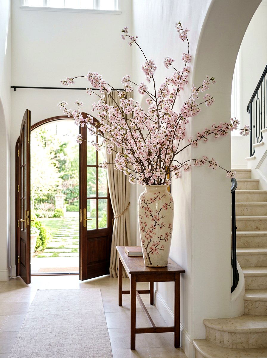 Cherry Blossom Branches In Tall Urn - 25 Spring Urn Planter Ideas