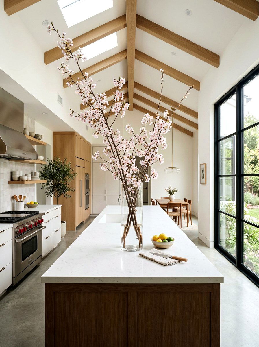 Cherry Blossom Branches In Tall Vase - 25 Spring Kitchen Centerpiece Ideas