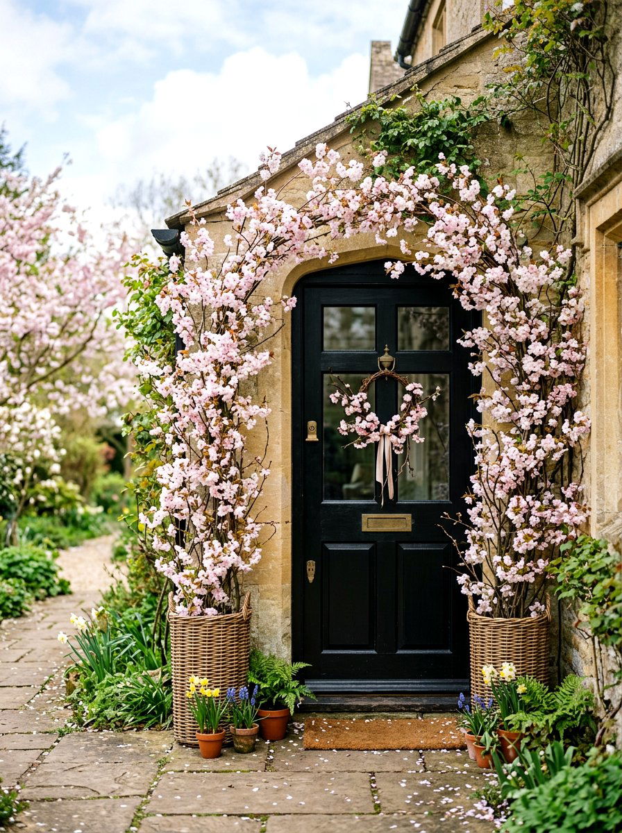 Cherry Blossom Door Display - 25 Spring DIY Door Basket Ideas