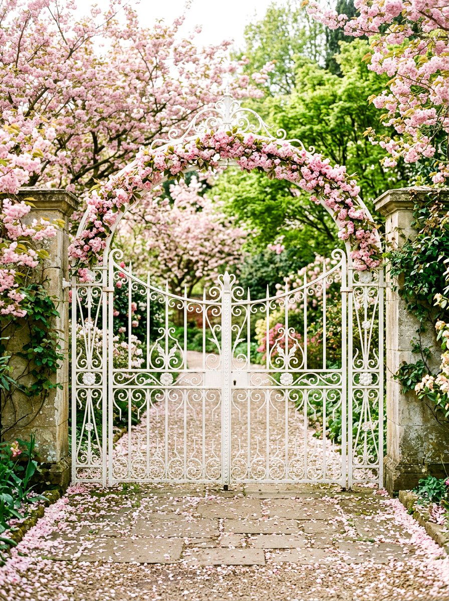 Cherry Blossom Garland For Gate - 25 Spring Iron Gate Decor Ideas