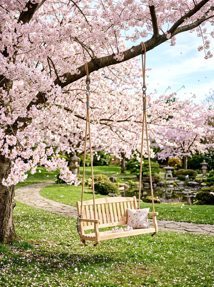 Cherry Blossom Tree Swing - 25 Spring Garden Swing Decor Ideas