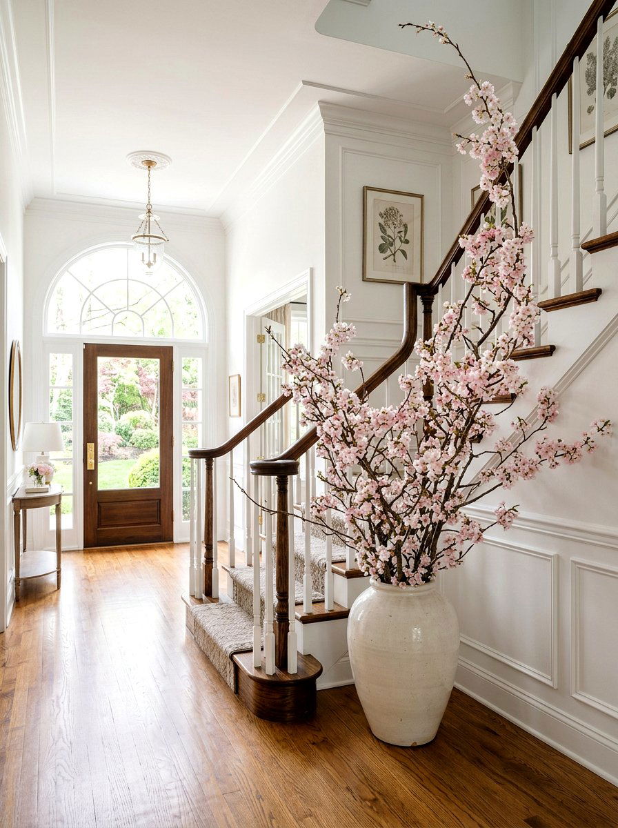 Cherry blossom branch decor - 25 Spring Staircase Decor Ideas