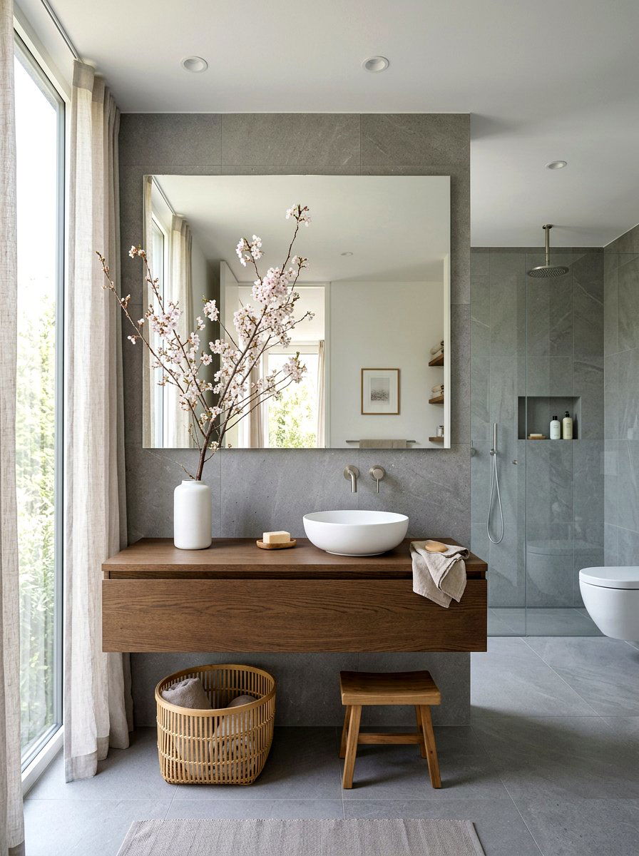 Cherry blossom branch in bathroom - 25 Spring Bathroom Mirror Decor Ideas