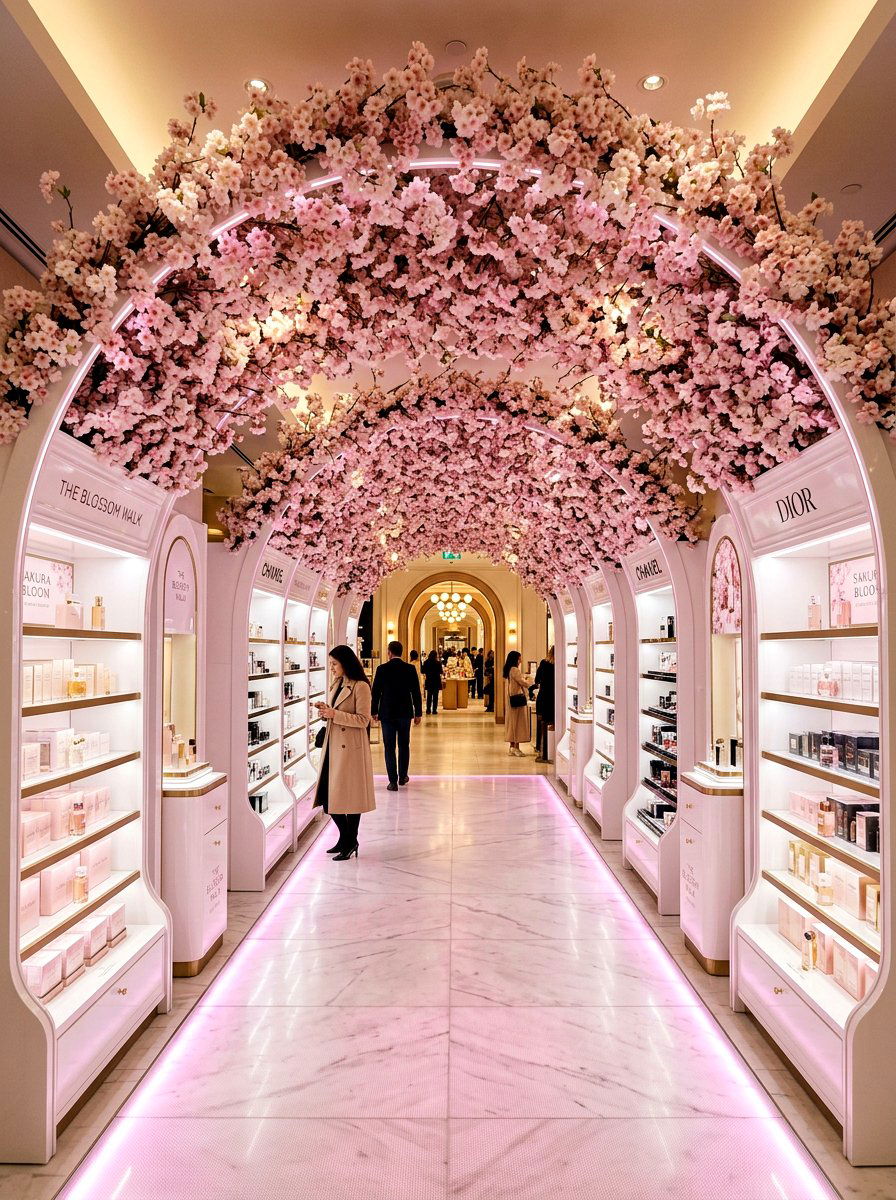 Cherry blossom retail aisle - 25 Spring Visual Merchandising Ideas