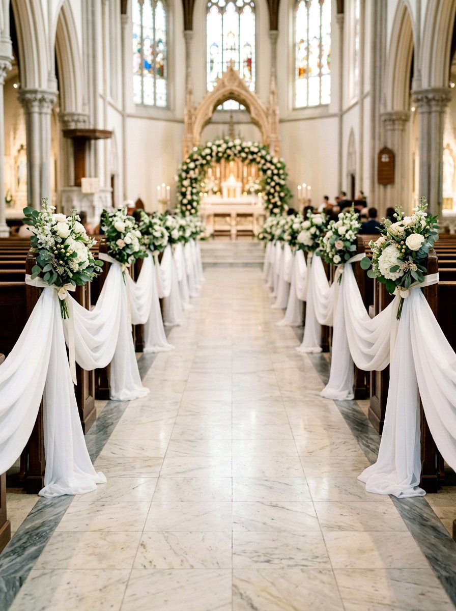 Chiffon Fabric Pew Drapes - 25 Spring Wedding Pew Decor Ideas