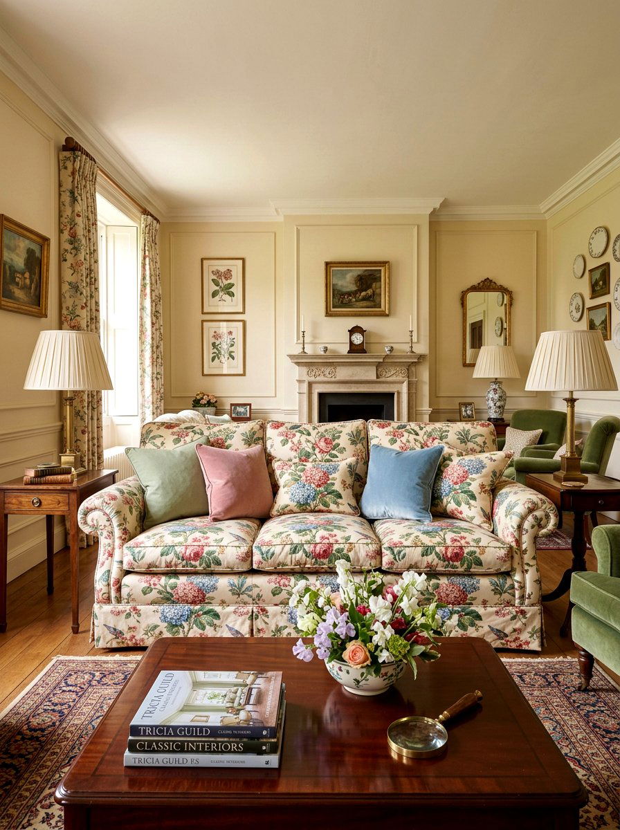 Chintz fabric sofa living room - 25 Spring Grandmillennial Decor Ideas