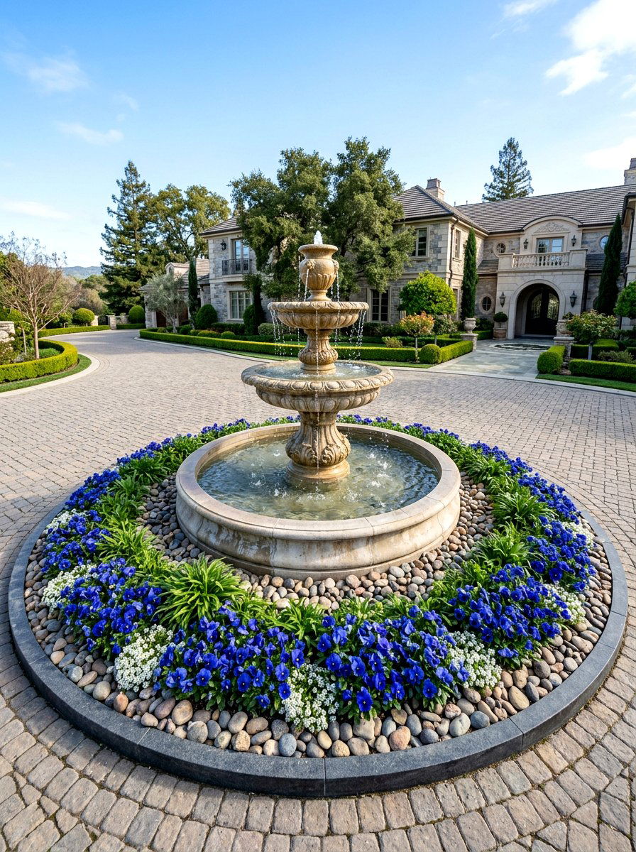 Circular Driveway With Center Fountain - 25 Spring Driveway Decor Ideas