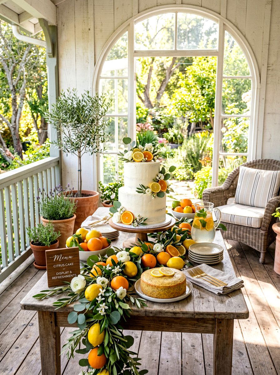 Citrus Accented Cake Table - 25 Spring Wedding Cake Table Ideas