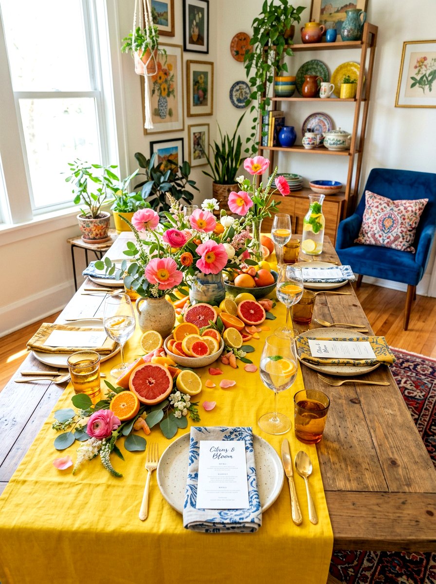Citrus and Floral Table - 25 Spring Table Arrangement Ideas