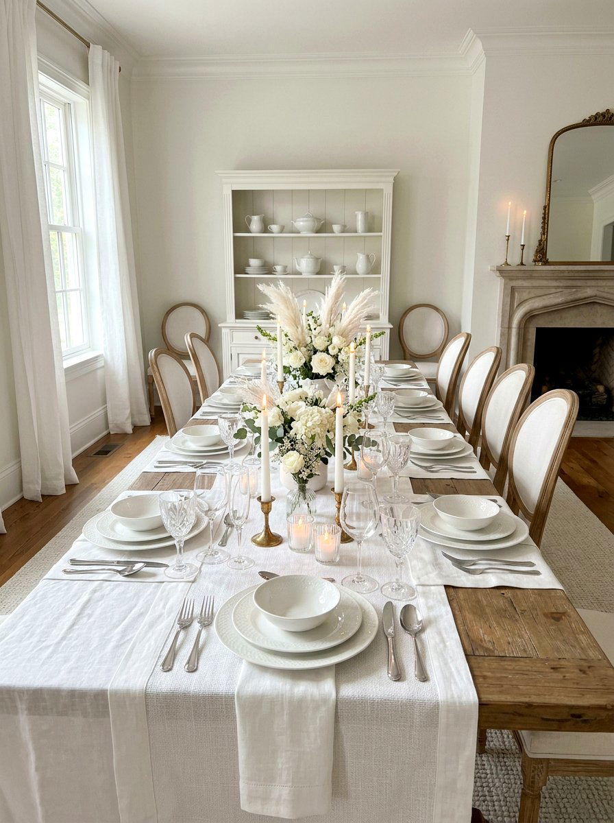 Classic White Linen - 25 Spring Dinner Party Decor Ideas