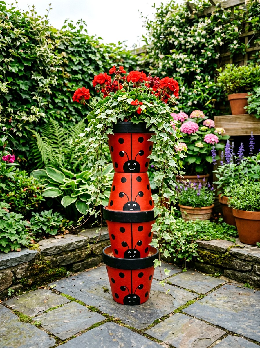 Clay Pot Ladybug Stack - 25 Spring Ladybug Planter Ideas