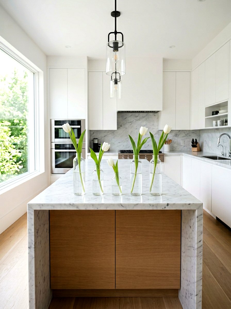 Clear Glass Bottles With Single Stems - 25 Spring Kitchen Centerpiece Ideas