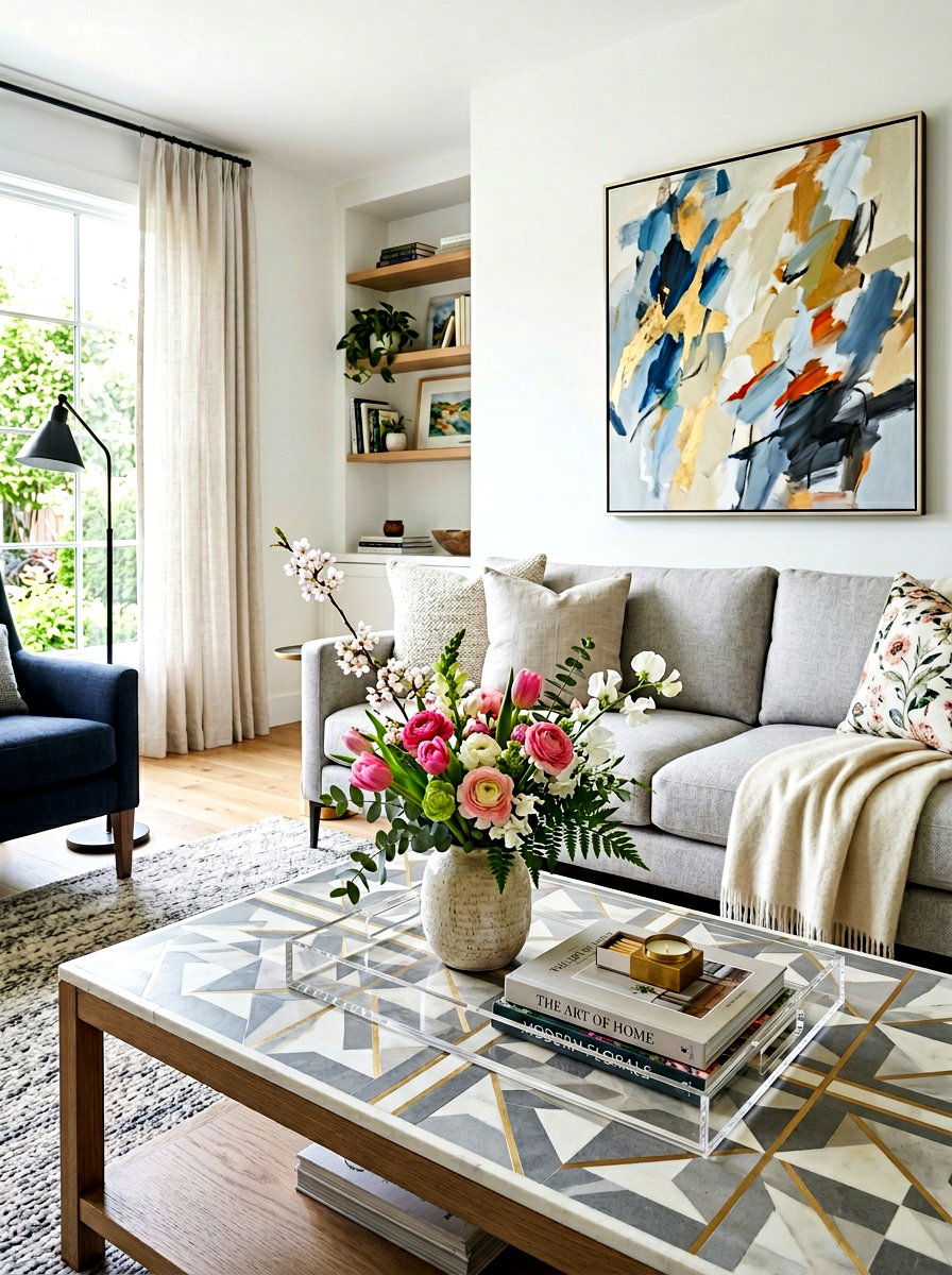 Clear acrylic tray florals - 25 Spring Coffee Table Styling Ideas