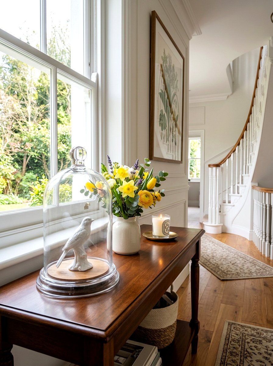 Clear glass cloche - 25 Spring Hallway Table Decor Ideas